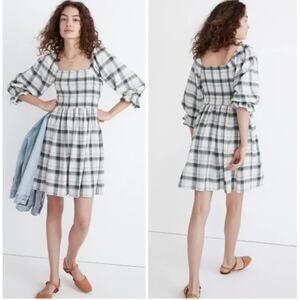 NEW! Madewell Lucie Elbow-Sleeve Smocked Mini Dress in LEBAUM PLAID (XXS)